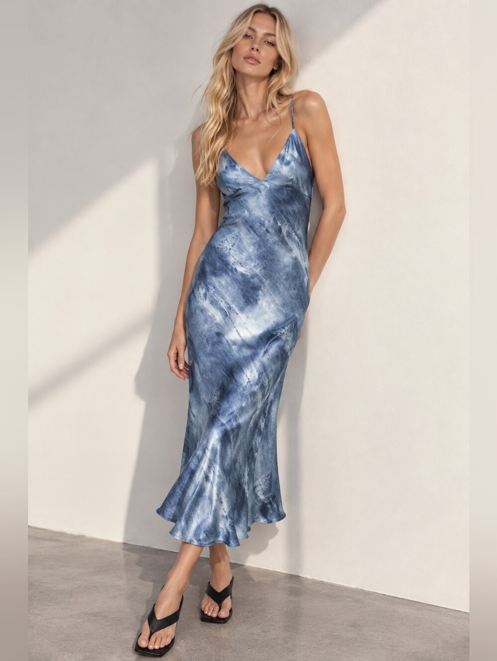 Zara PRINTED DENIM SATIN EFFECT SLIP DRESS